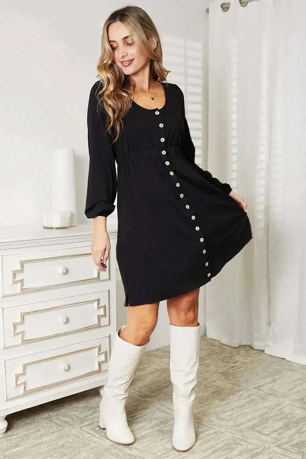 Double Take Scoop Neck Empire Waist Long Sleeve Magic Dress - Bad Moms Club