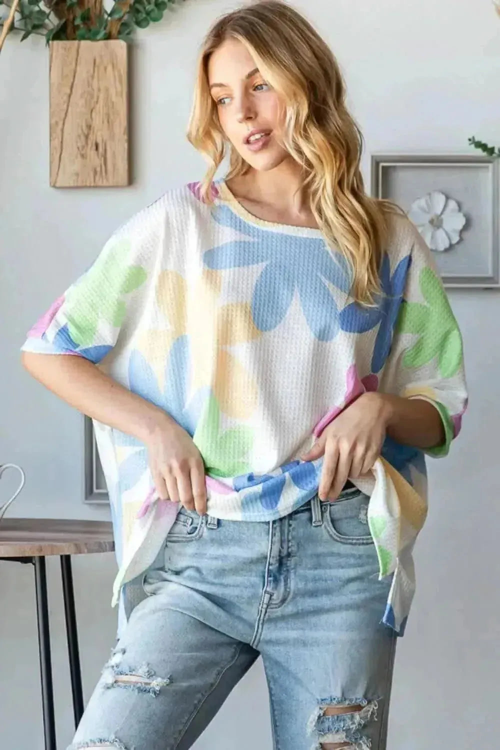 HOPELY Floral Round Neck Waffle T-Shirt - Bad Moms Club