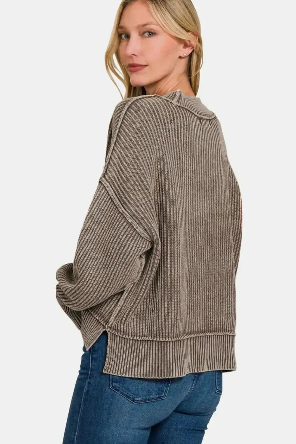 Zenana Exposed Seam Round Neck Dropped Shoulder Sweater - Bad Moms Club