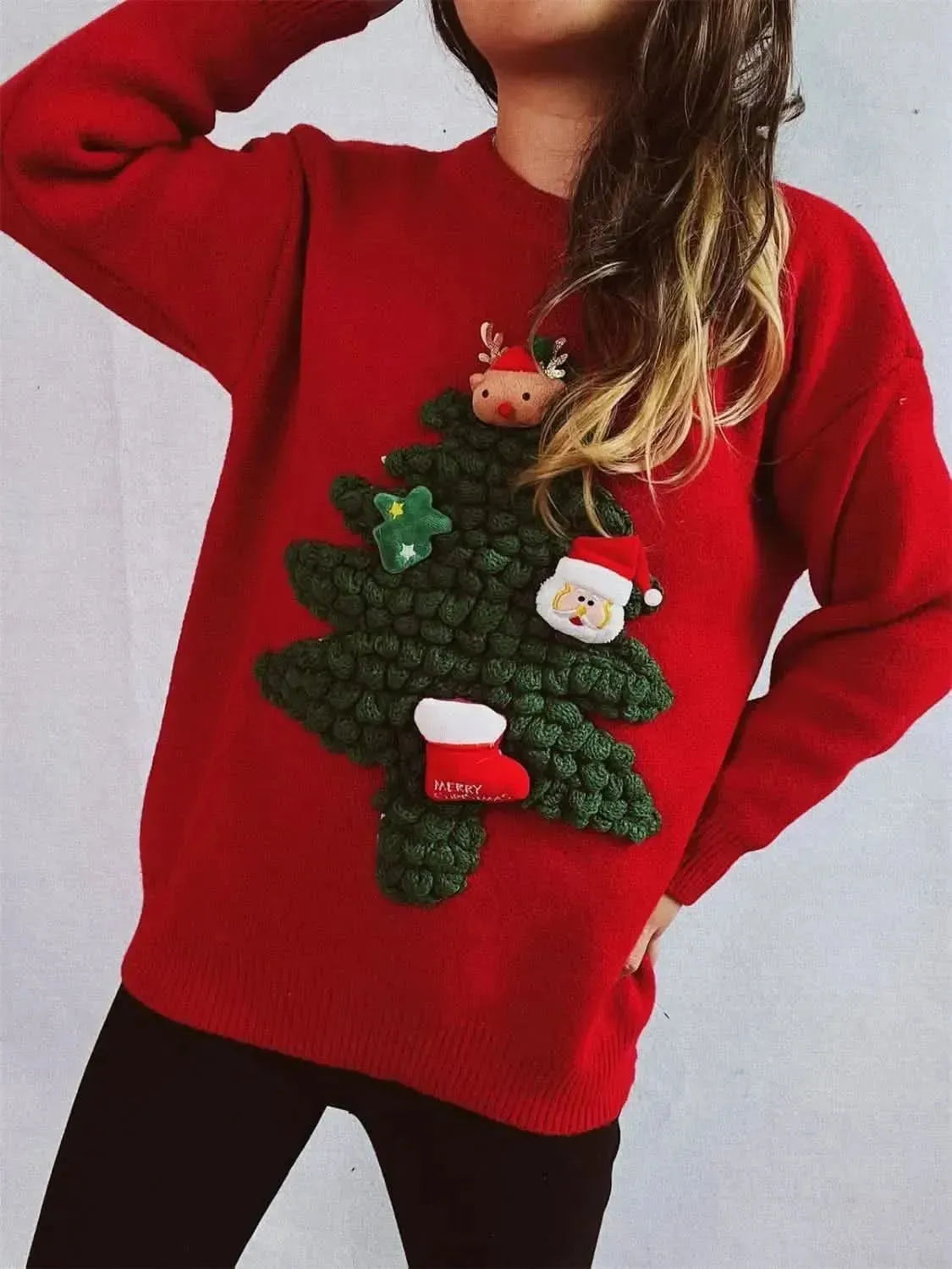 Christmas Tree Round Neck Long Sleeve Sweater - Bad Moms Club