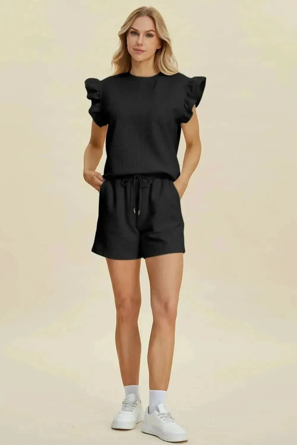 Double Take Full Size Texture Round Neck Ruffle Sleeve Top and Shorts Set - Bad Moms Club