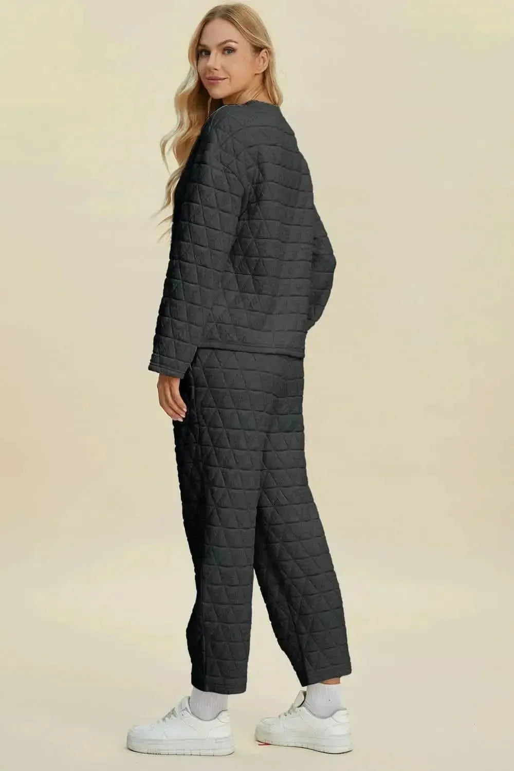 Double Take Full Size Texture Round Neck Long Sleeve Top and Pants Set - Bad Moms Club
