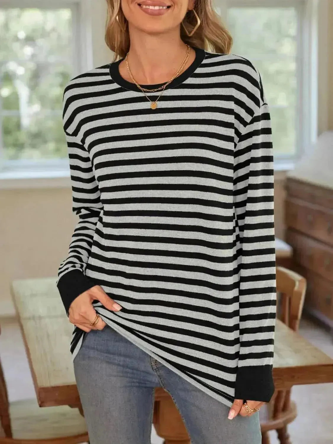 Striped Round Neck Long Sleeve T-Shirt - Bad Moms Club