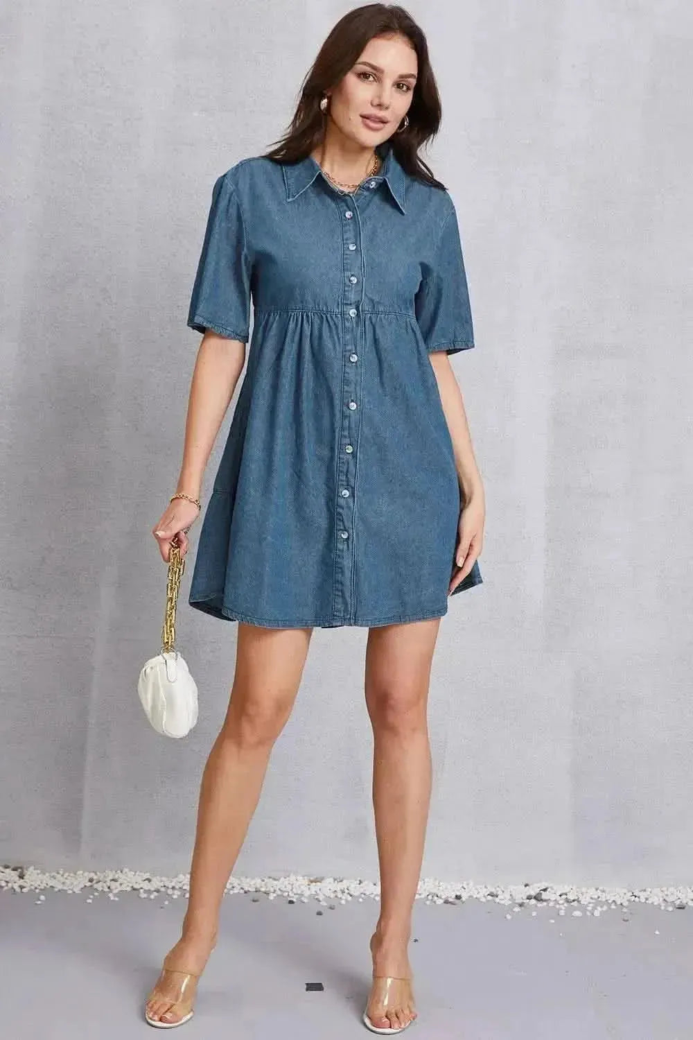 Button Up Collared Neck Tiered Denim Dress - Bad Moms Club