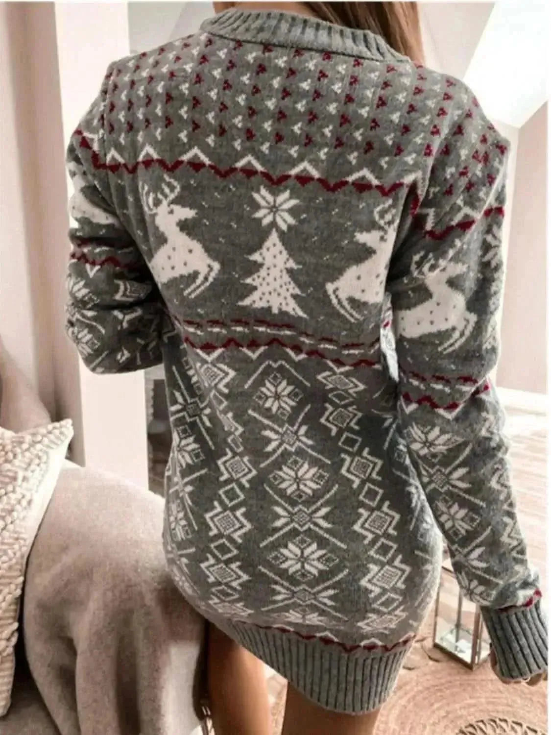 Reindeer & Snowflake Round Neck Sweater Dress - Bad Moms Club