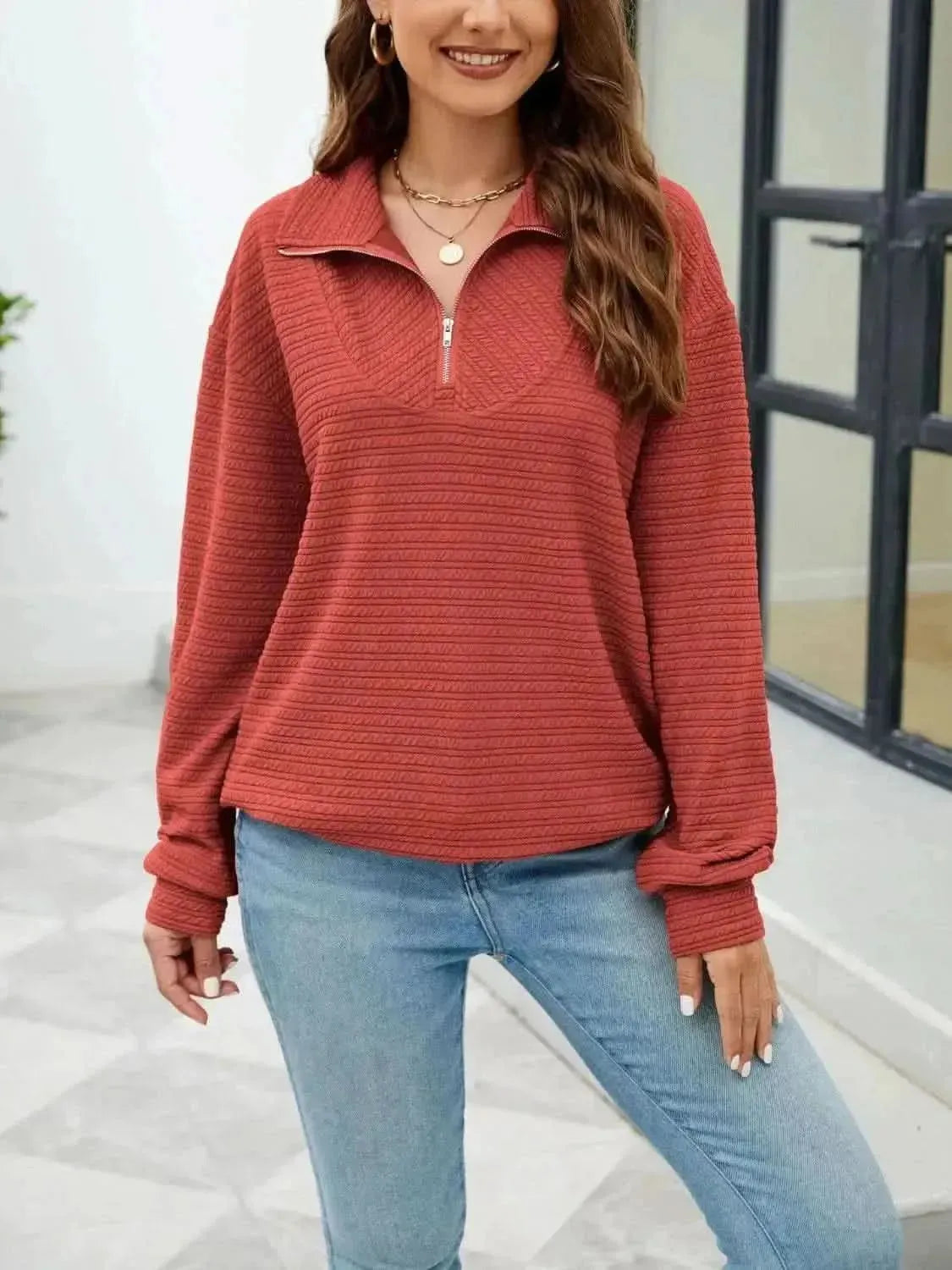 Quarter-Zip Collared Drop Shoulder Sweatshirt - Bad Moms Club