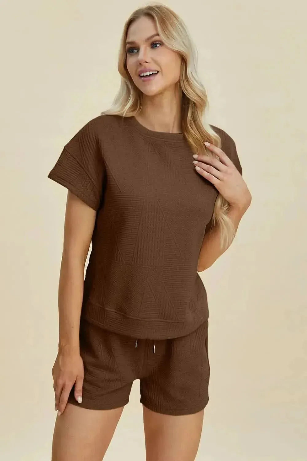Double Take Full Size Texture Short Sleeve Top and Shorts Set - Bad Moms Club