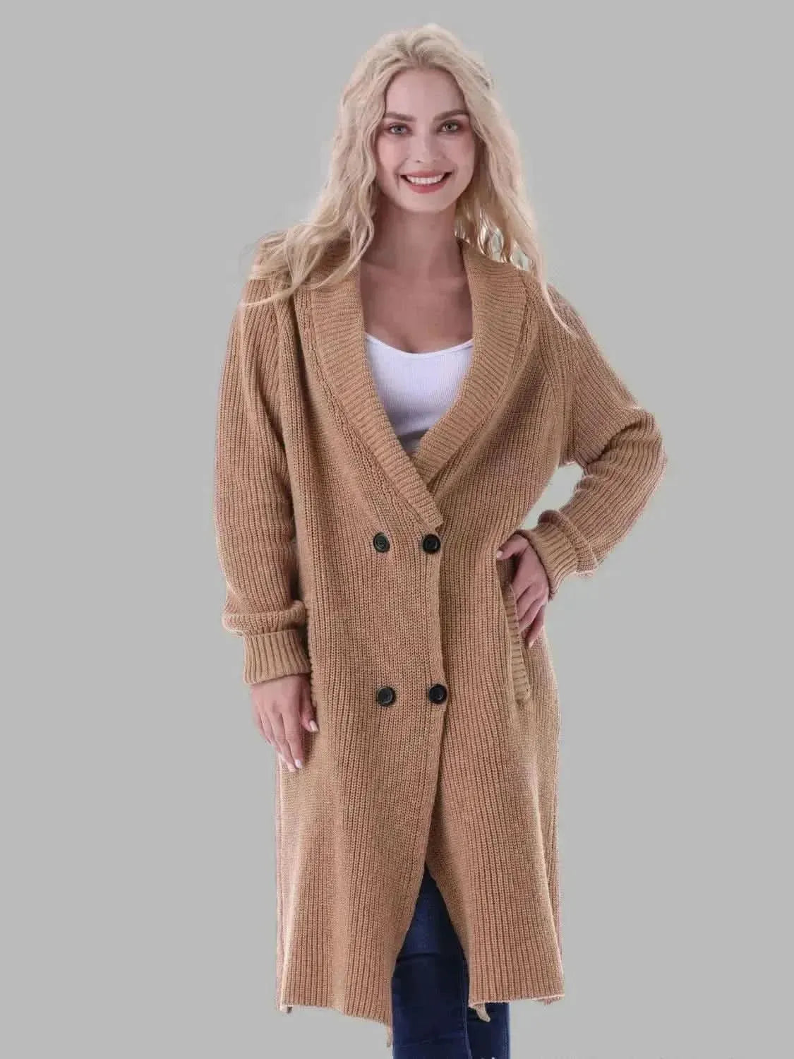 Double-Breasted Longline Cardigan with Pockets - Bad Moms Club