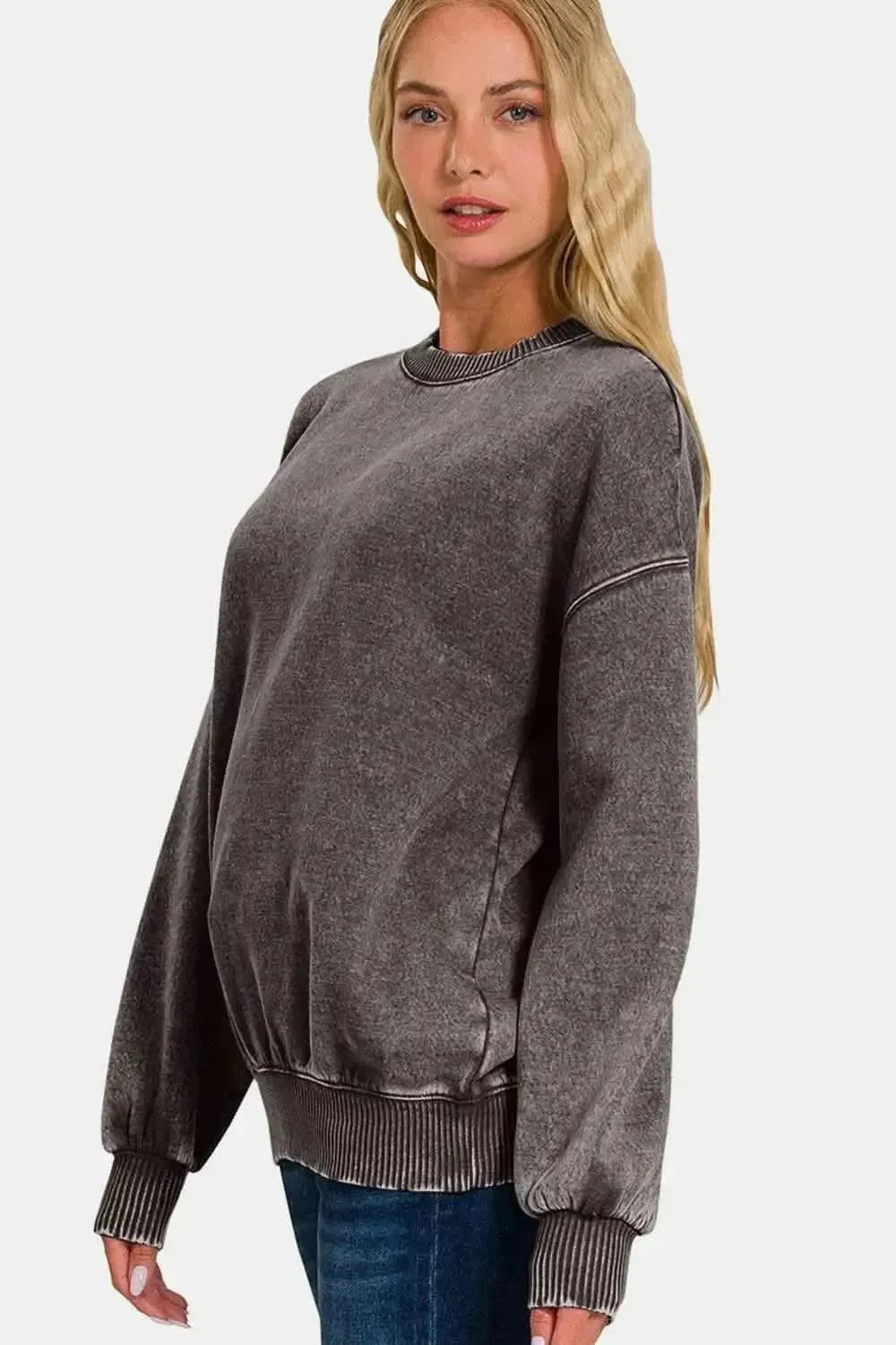 Zenana Full Size Acid Wash Fleece Long Sleeve Sweatshirt - Bad Moms Club
