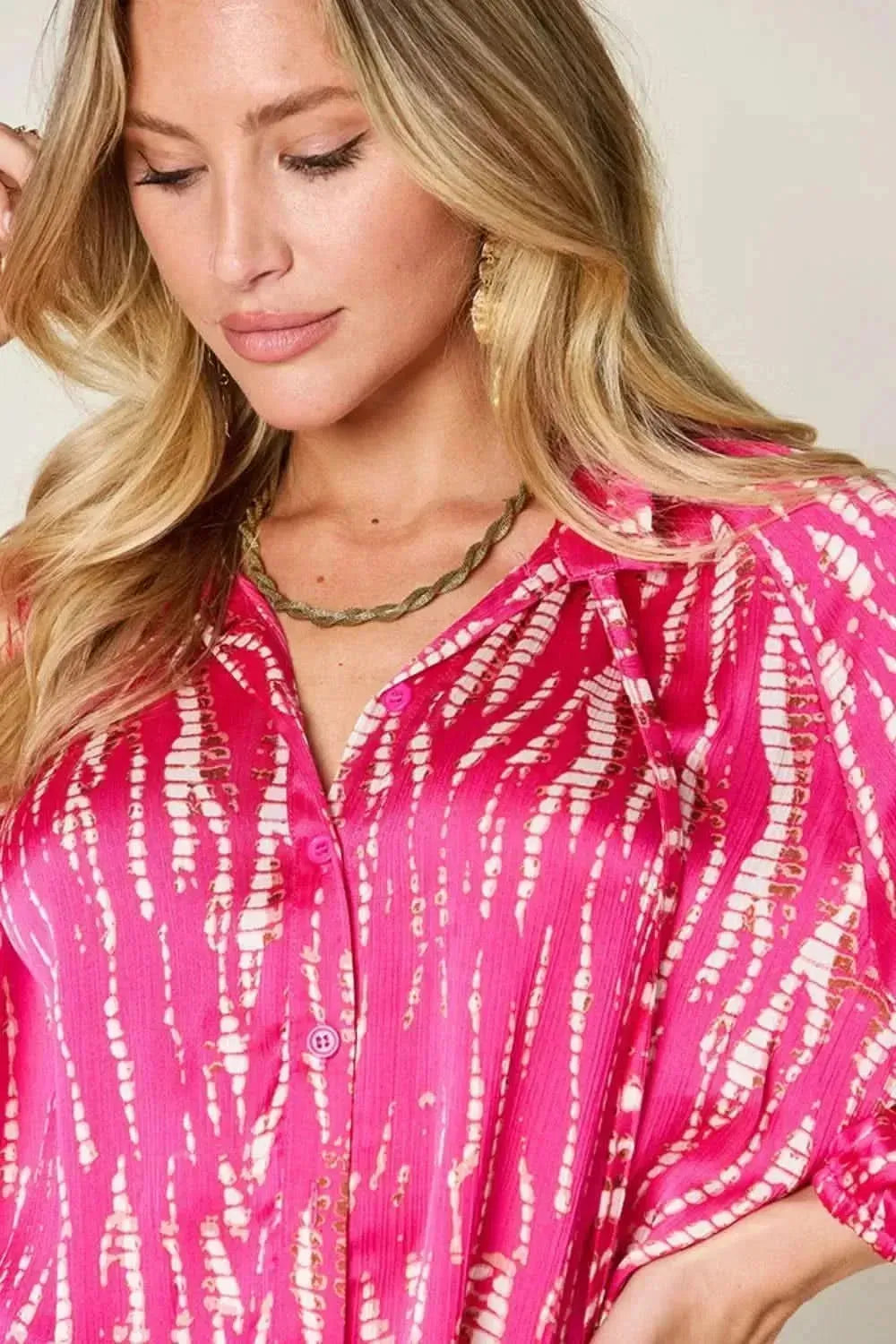 Double Take Full Size Printed Button Up Long Sleeve Shirt - Bad Moms Club