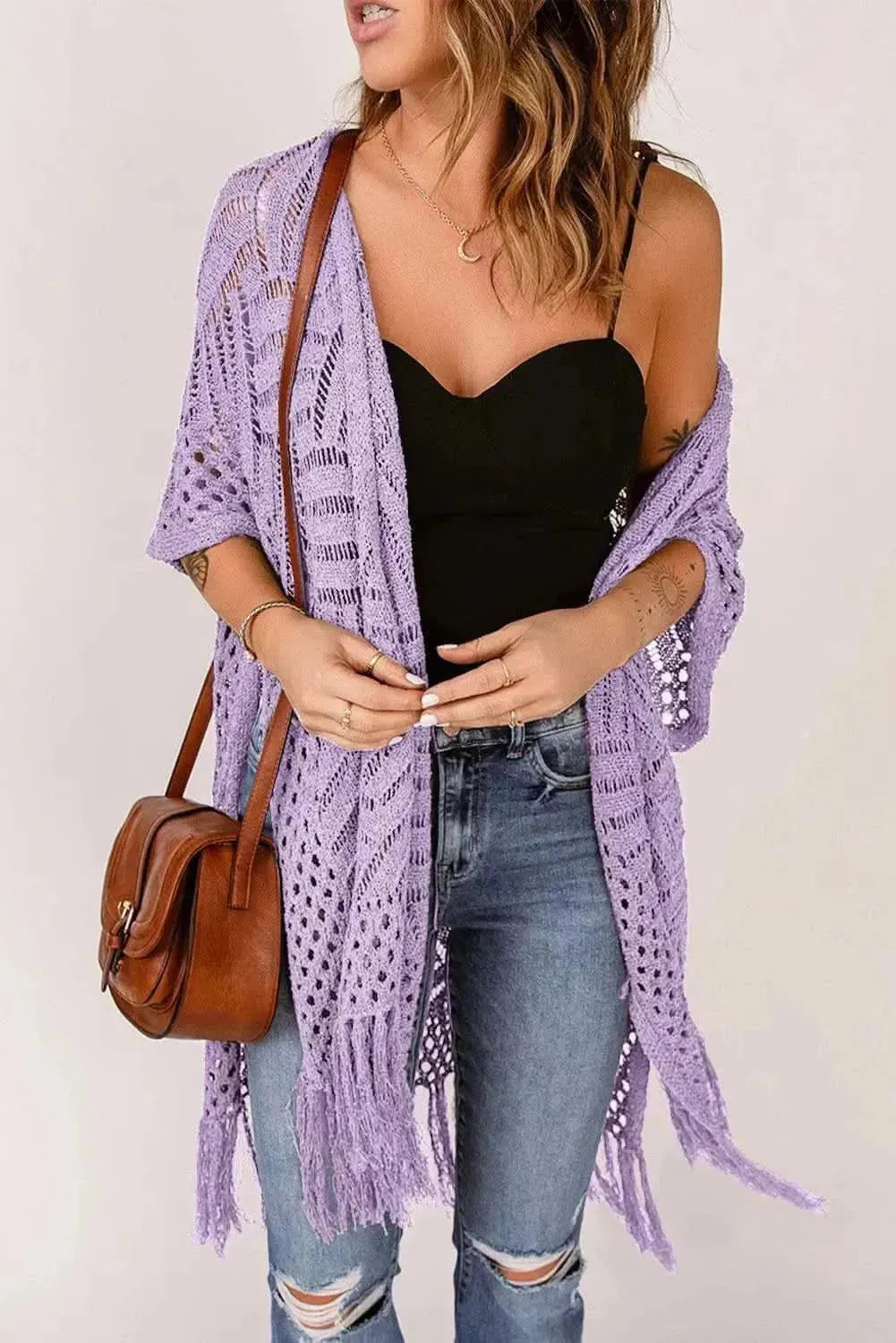 Openwork Open Front Cardigan with Fringes - Bad Moms Club