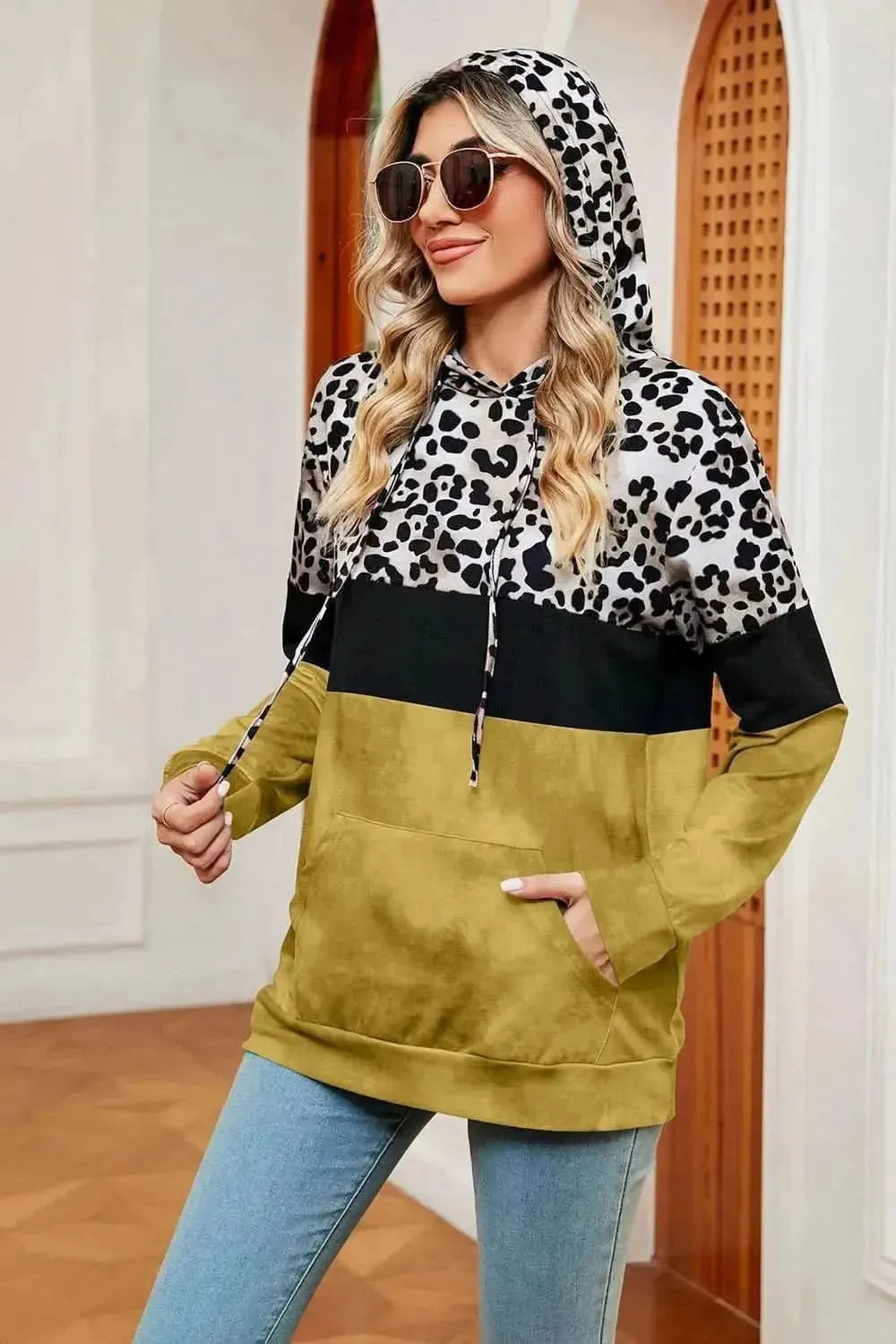 Leopard Drawstring Hoodie with Pocket - Bad Moms Club