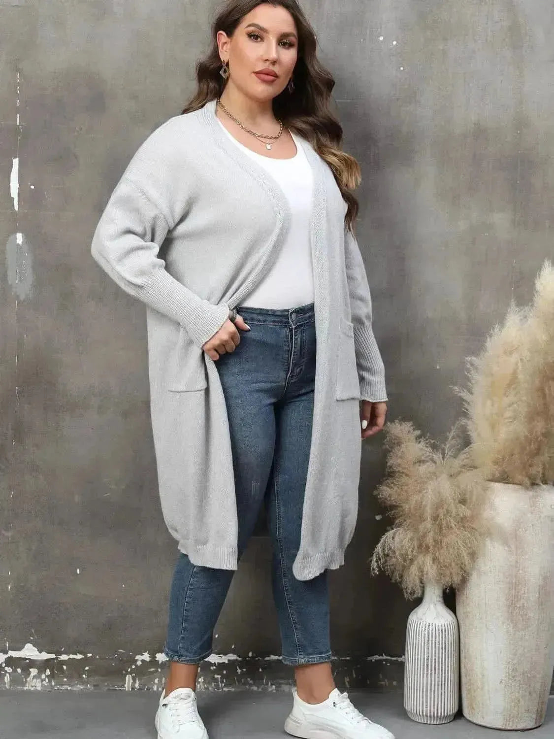 Plus Size Long Sleeve Pocketed Cardigan - Bad Moms Club