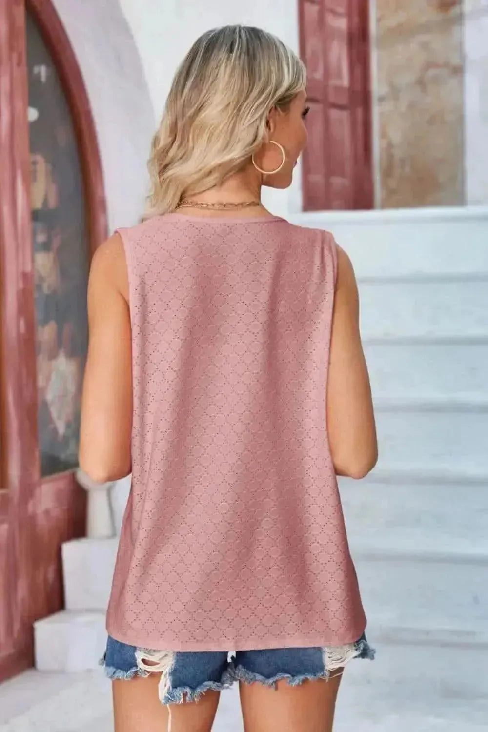 Eyelet Open Front Sleeveless Cardigan - Bad Moms Club