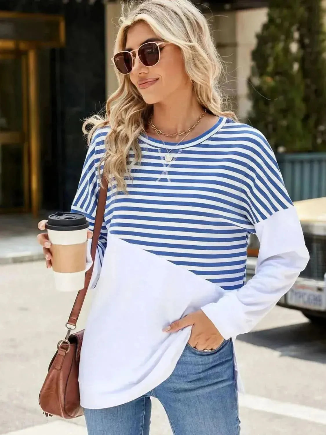 Slit Contrast Striped Long Sleeve Sweatshirt - Bad Moms Club