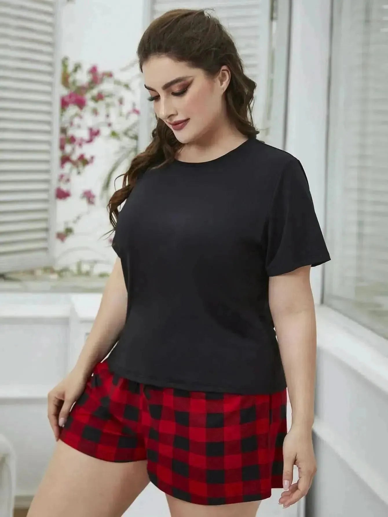 Plus Size Round Neck Tee Shirt and Plaid Shorts Lounge Set - Bad Moms Club