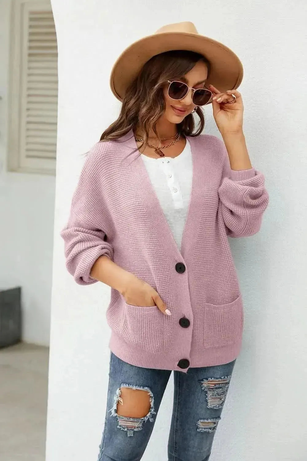 Button Up Drop Shoulder Long Sleeve Cardigan - Bad Moms Club