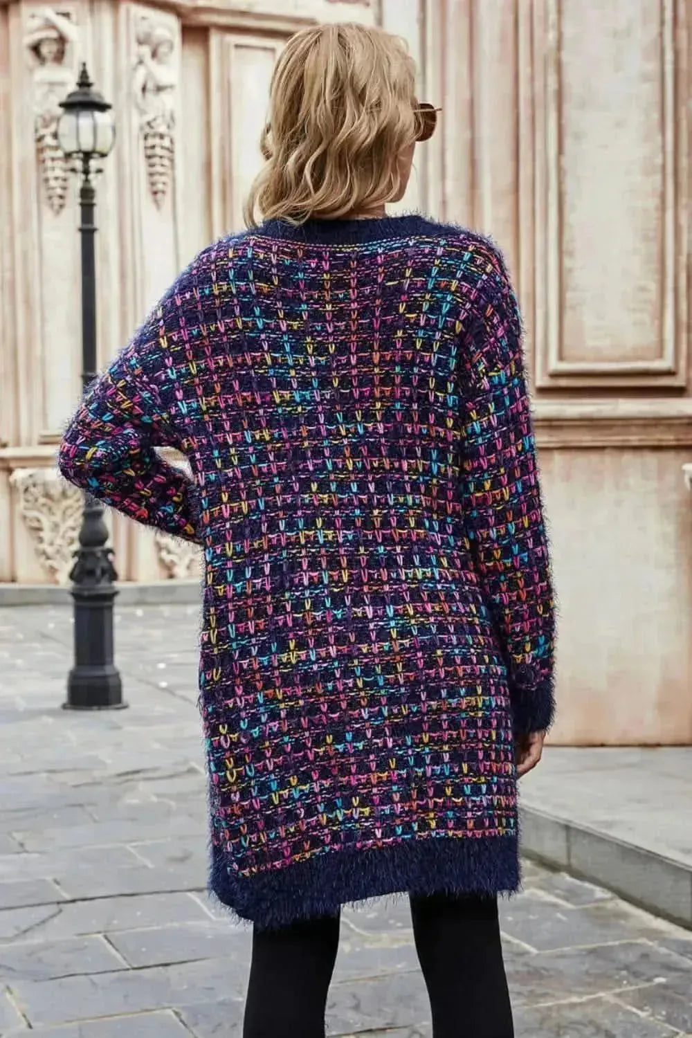 Multicolored Ribbed Trim Open Front Cardigan with Pockets - Bad Moms Club