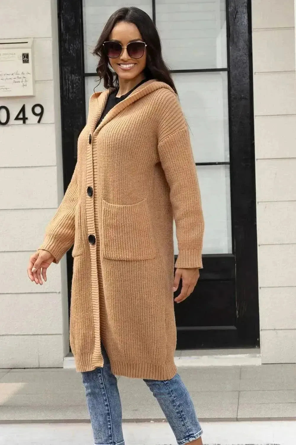 Button Up Long Sleeve Hooded Cardigan with Pockets - Bad Moms Club