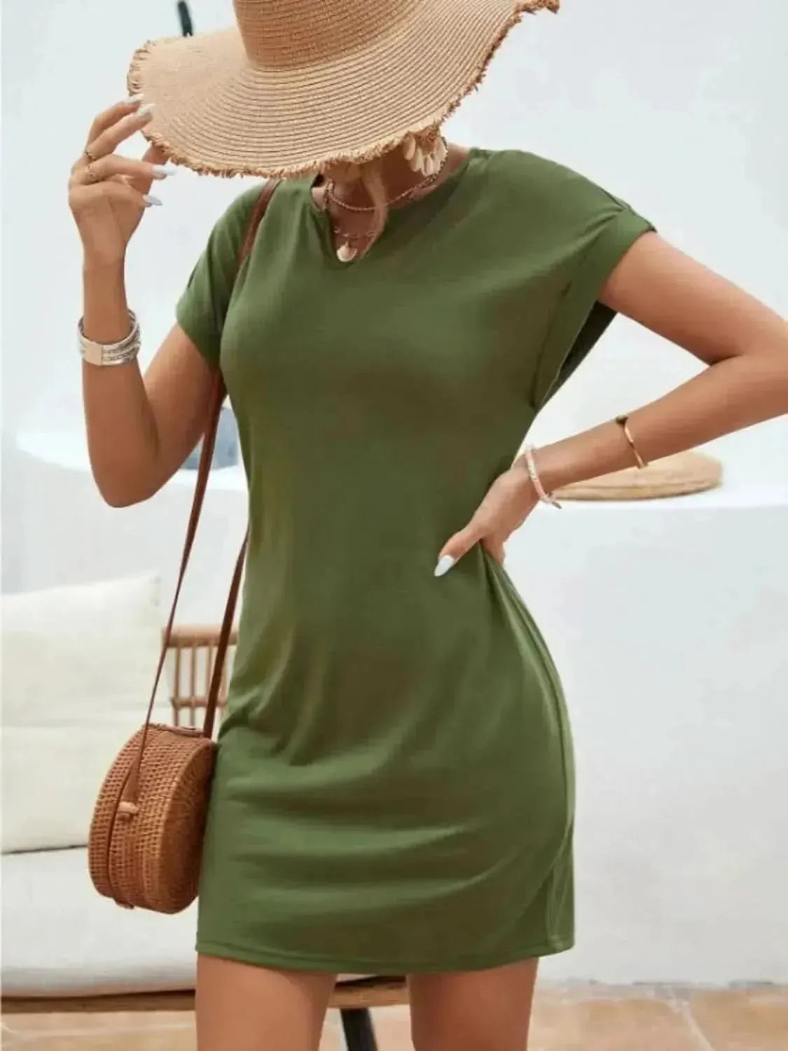 Notched Short Sleeve Mini Tee Dress - Bad Moms Club