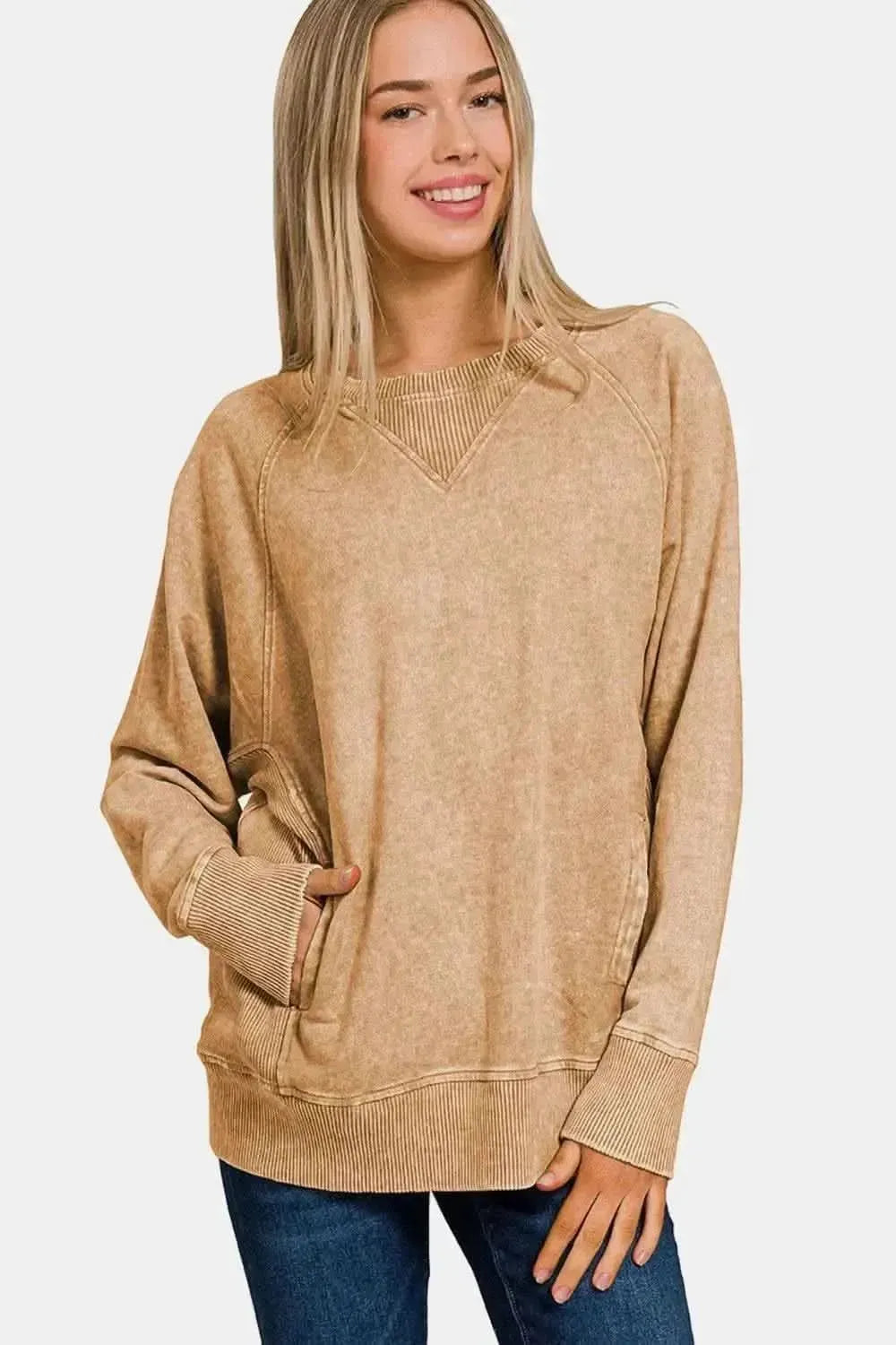 Zenana Pocketed Round Neck Sweatshirt - Bad Moms Club
