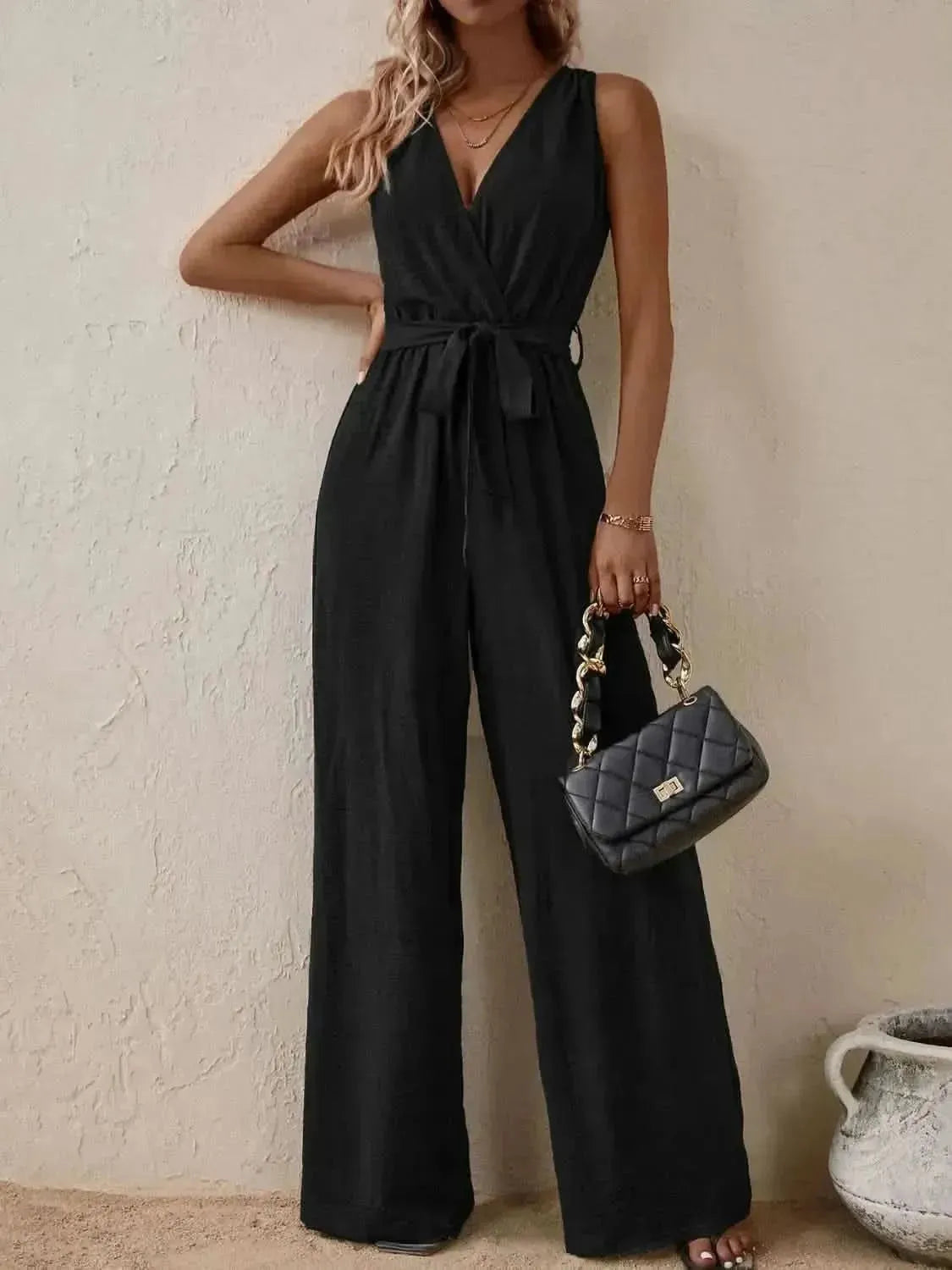 Honey Tied Surplice Sleeveless Wide Leg Jumpsuit - Bad Moms Club