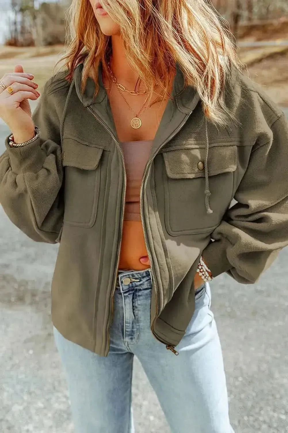 Zip-Up Drawstring Hooded Jacket - Bad Moms Club