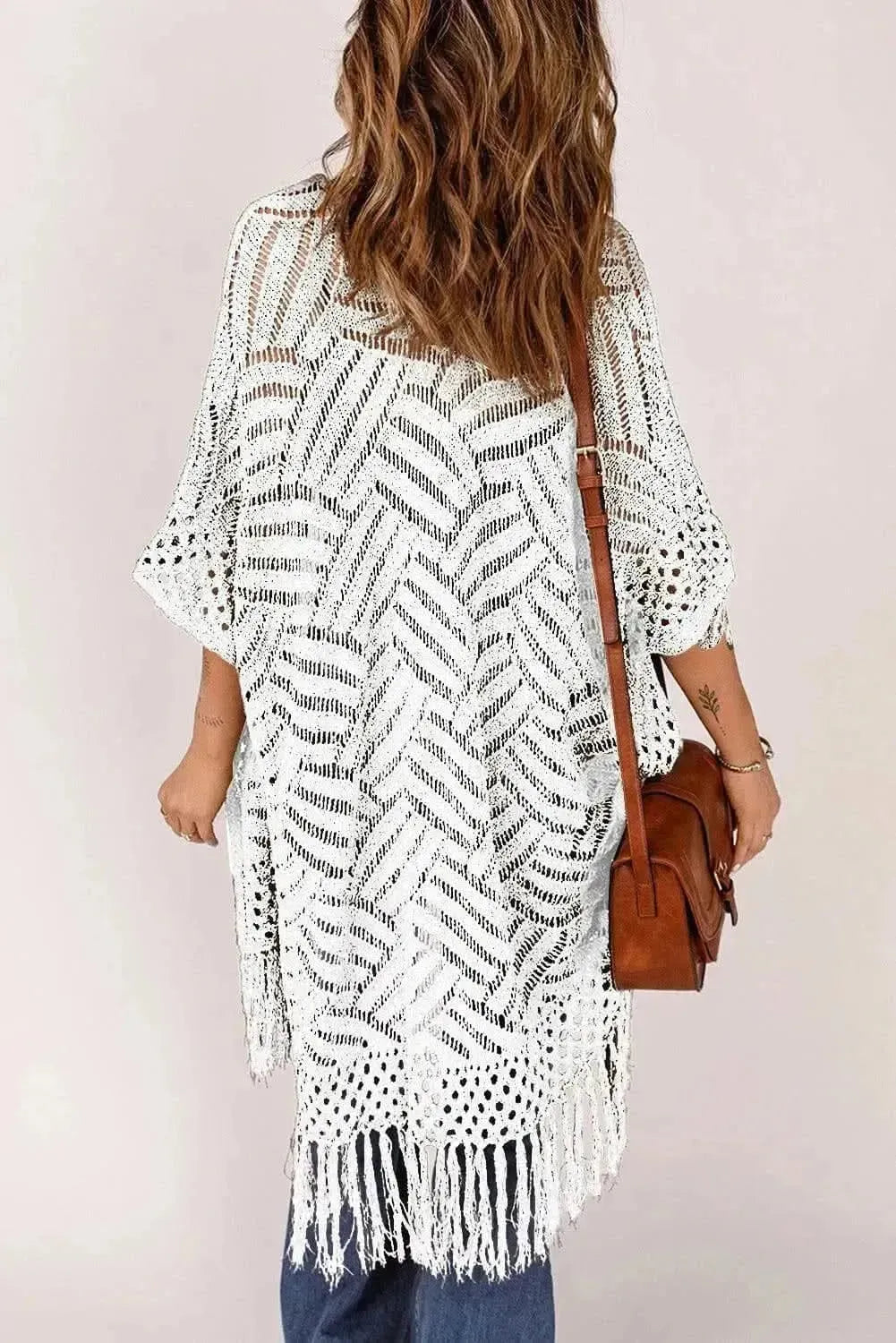 Openwork Open Front Cardigan with Fringes - Bad Moms Club
