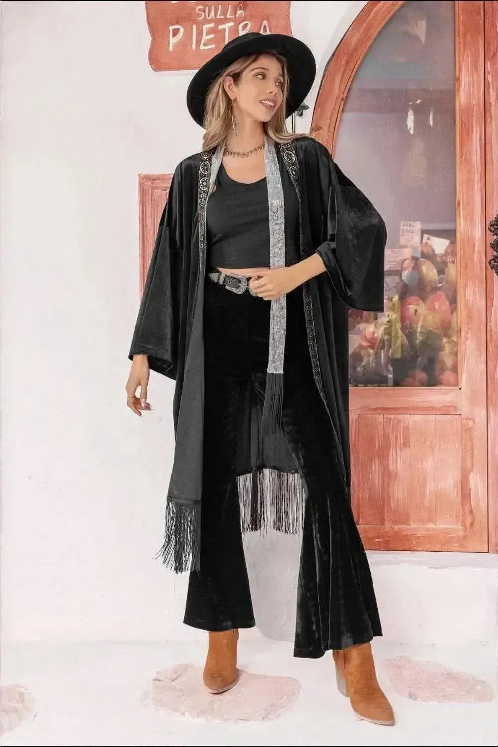 Opne Front Fringe Detail Long Sleeve Cardigan - Bad Moms Club
