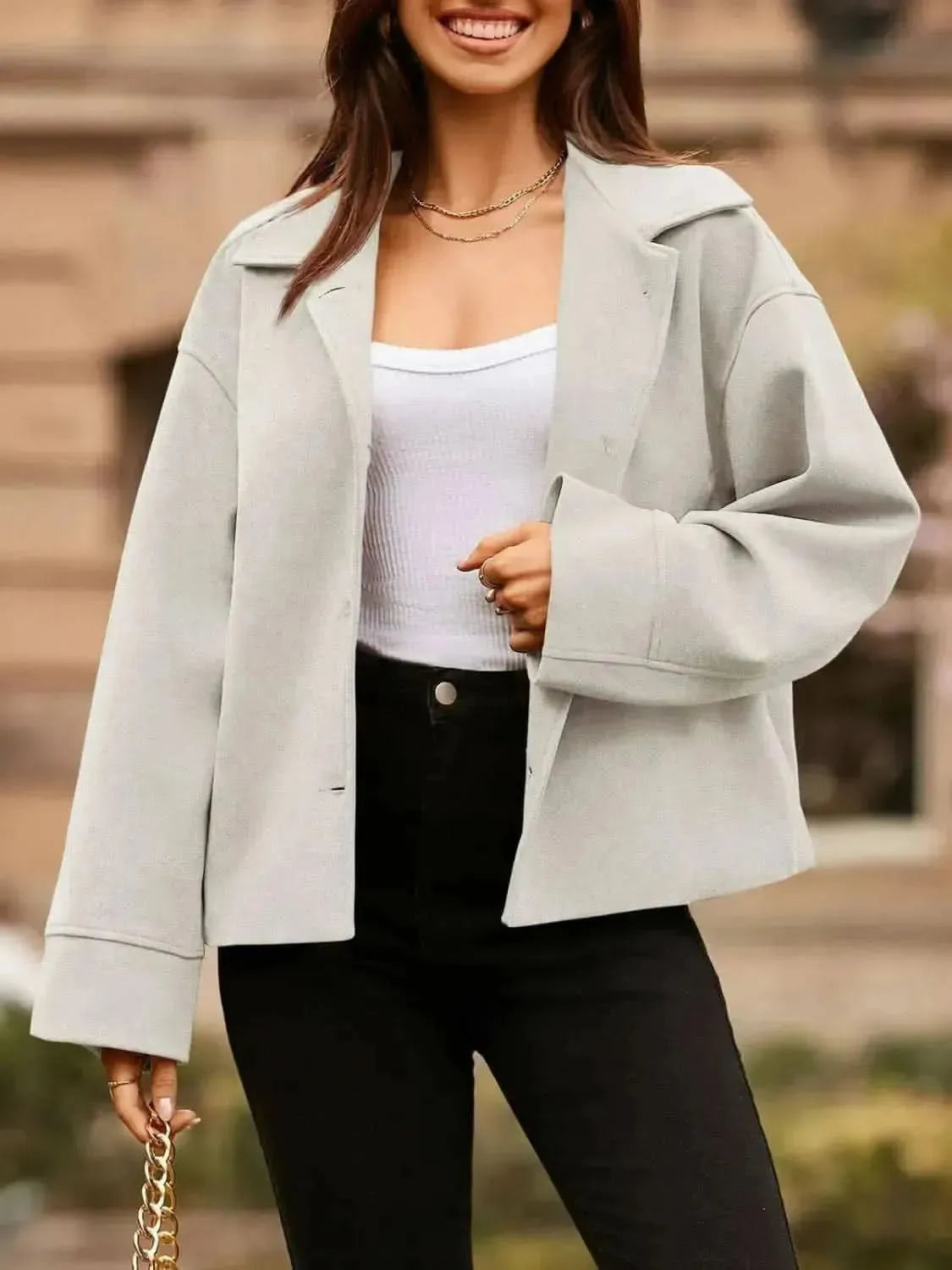 Collared Neck Dropped Shoulder Jacket - Bad Moms Club
