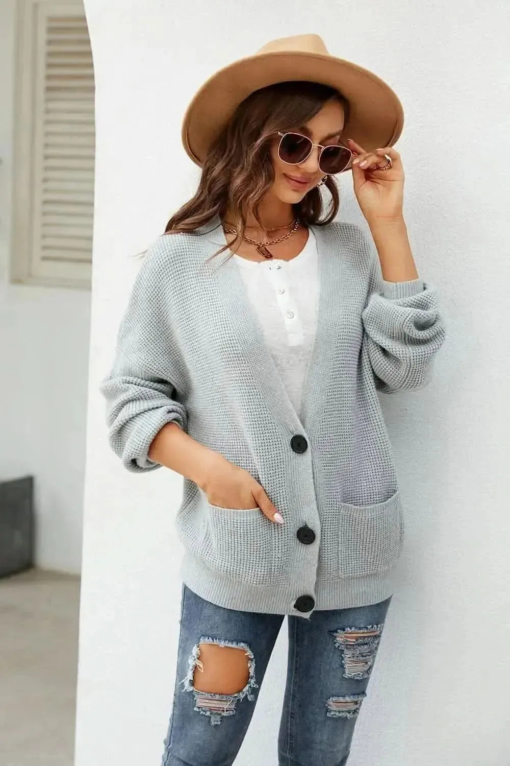 Button Up Drop Shoulder Long Sleeve Cardigan - Bad Moms Club