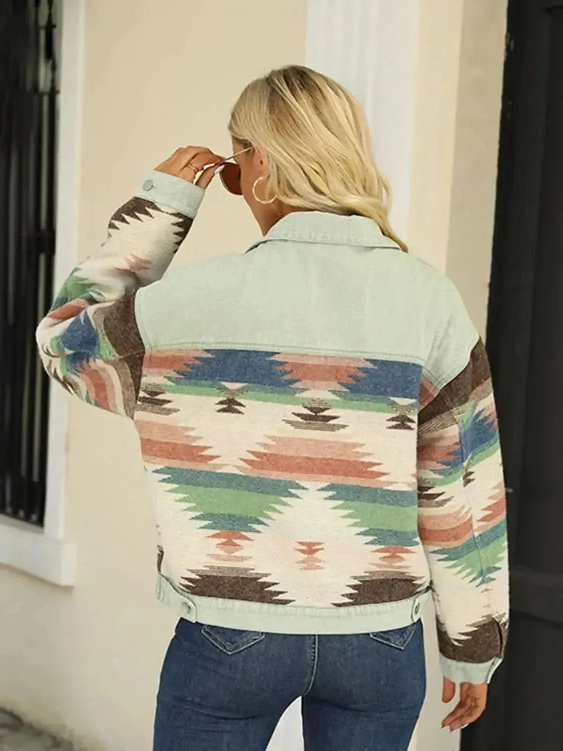 Printed Dropped Shoulder Long Sleeve Denim Jacket - Bad Moms Club
