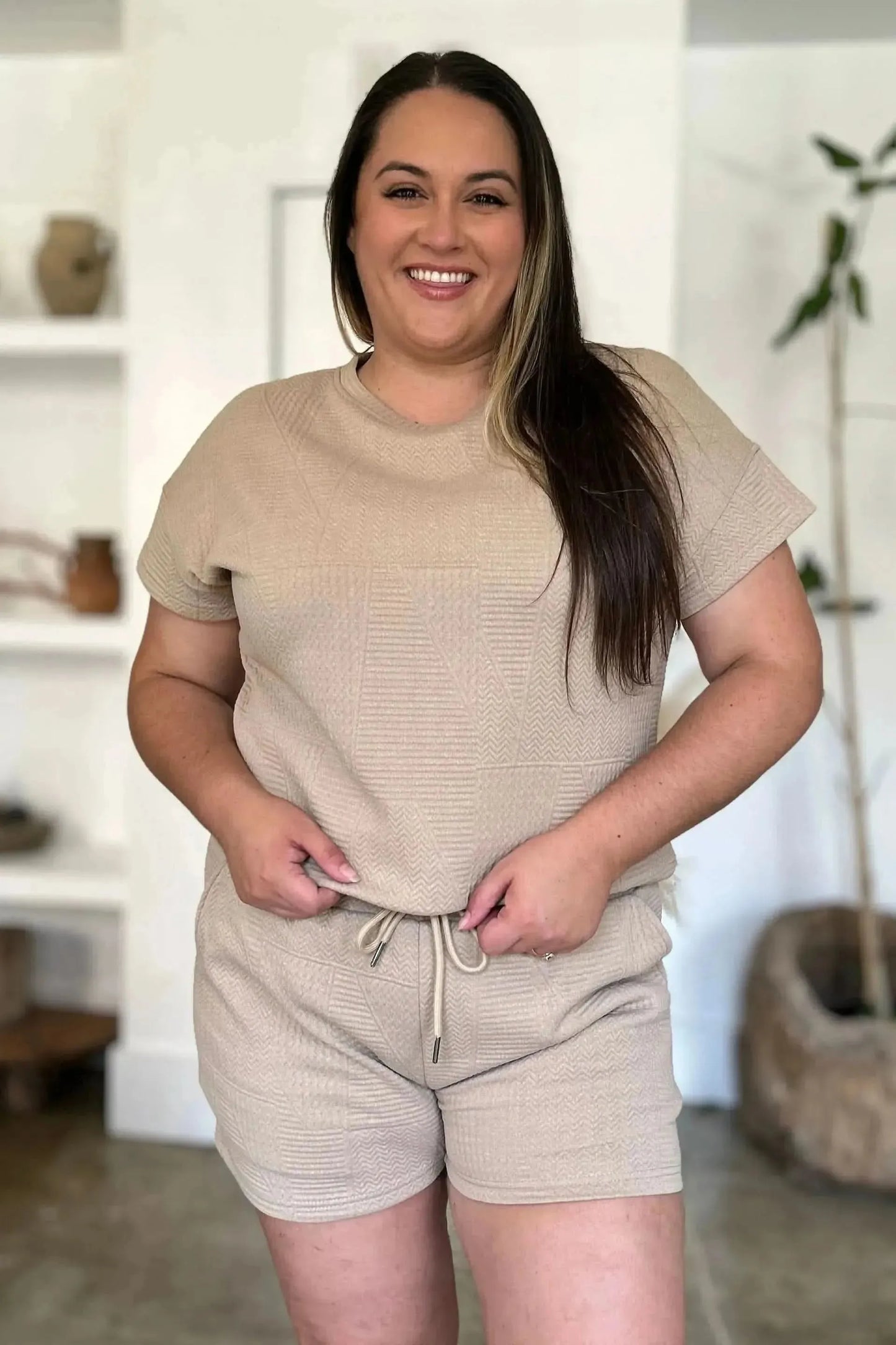 Double Take Full Size Texture Short Sleeve Top and Shorts Set - Bad Moms Club