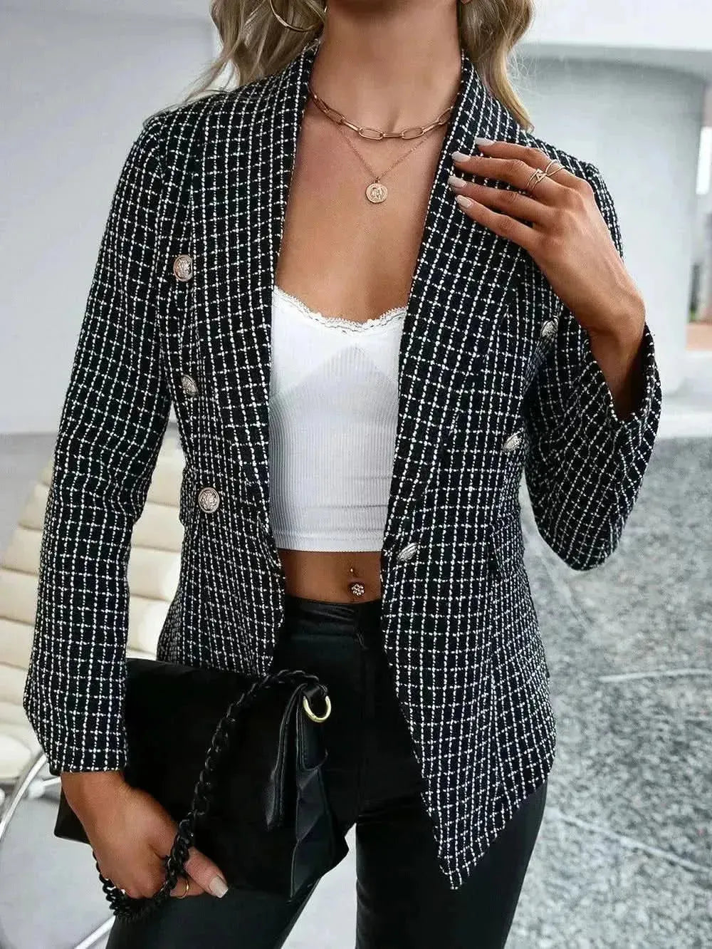 Plaid Double Breasted Long Sleeve Jacket - Bad Moms Club