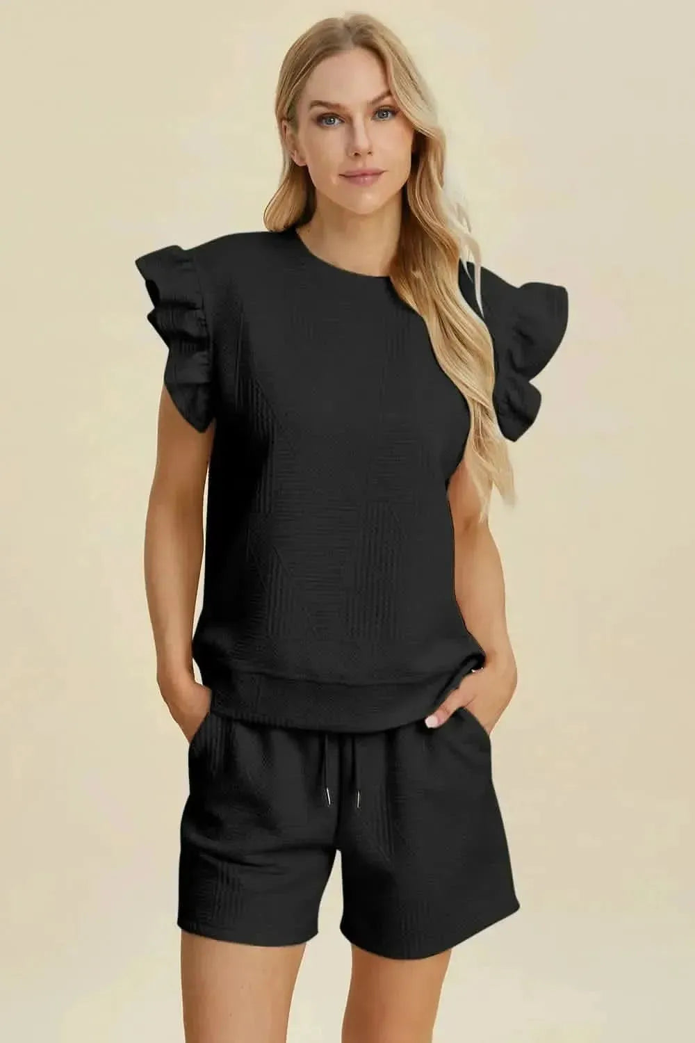 Double Take Full Size Texture Round Neck Ruffle Sleeve Top and Shorts Set - Bad Moms Club