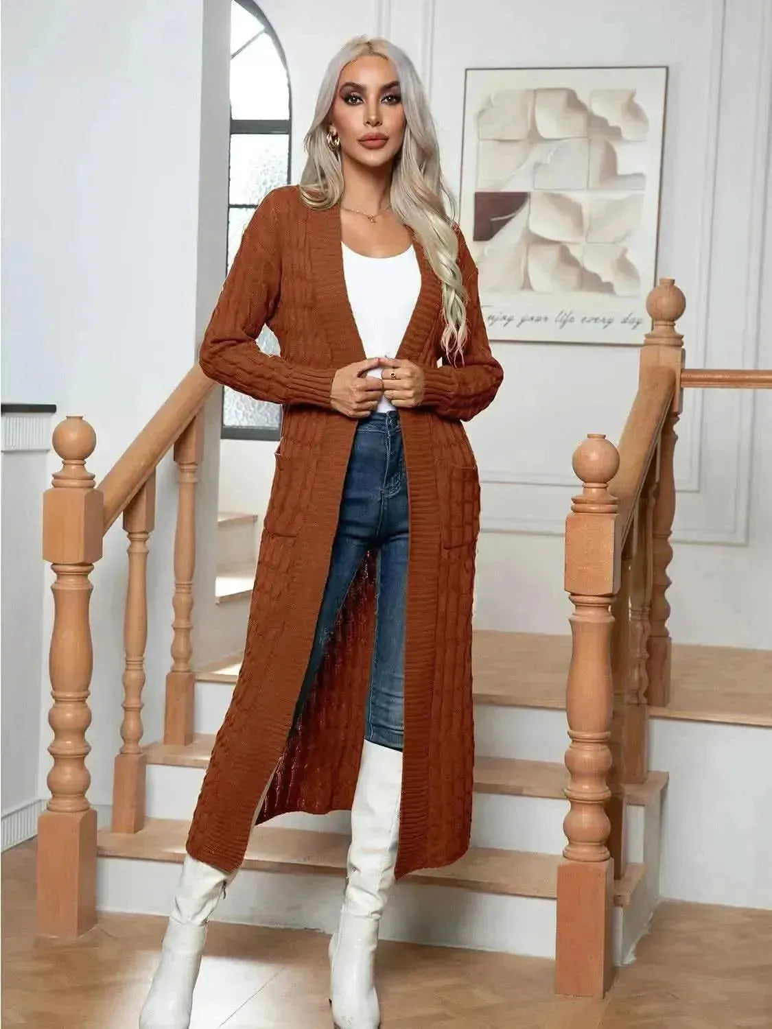 Cable-Knit Open Front Cardigan with Pockets - Bad Moms Club