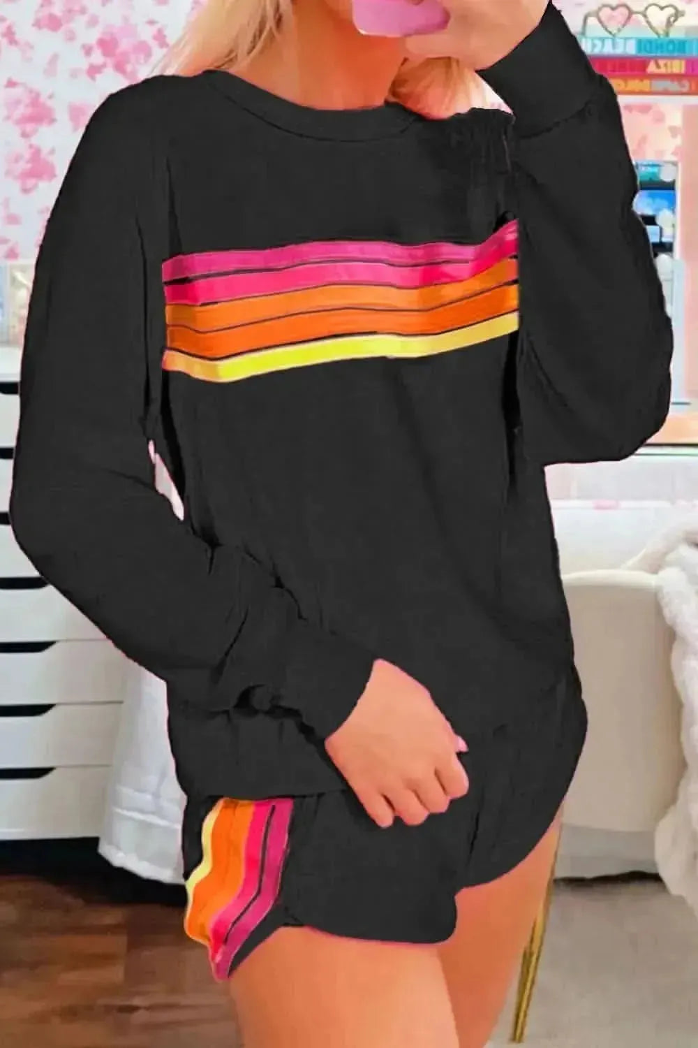 Full Size Contrast Striped Round Neck Top and Shorts Set - Bad Moms Club