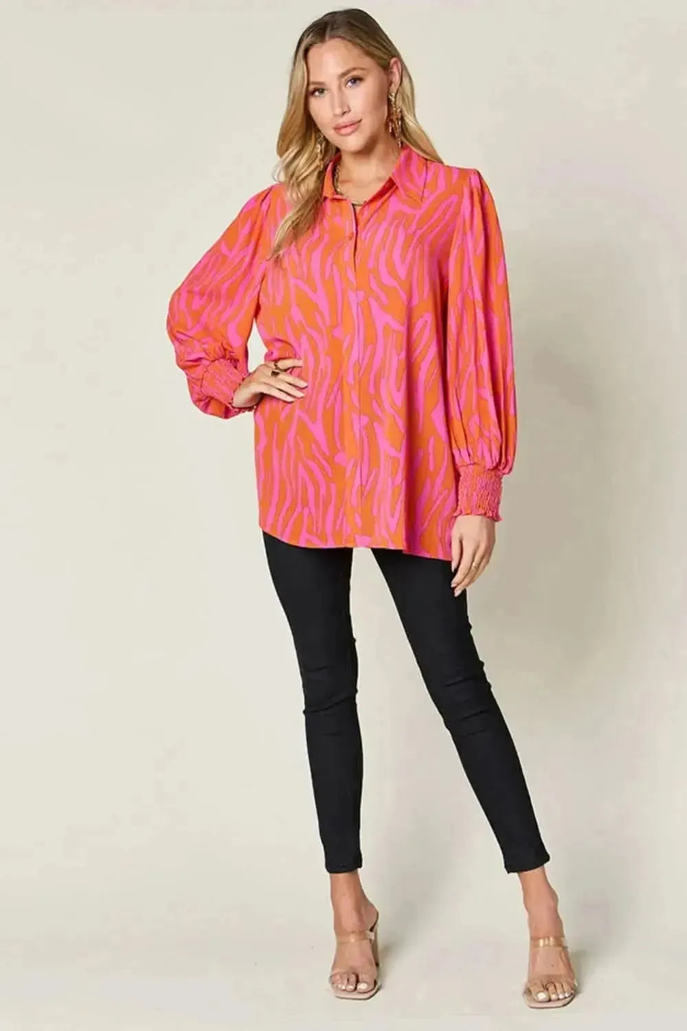 Double Take Full Size Printed Smocked Long Sleeve Blouse - Bad Moms Club