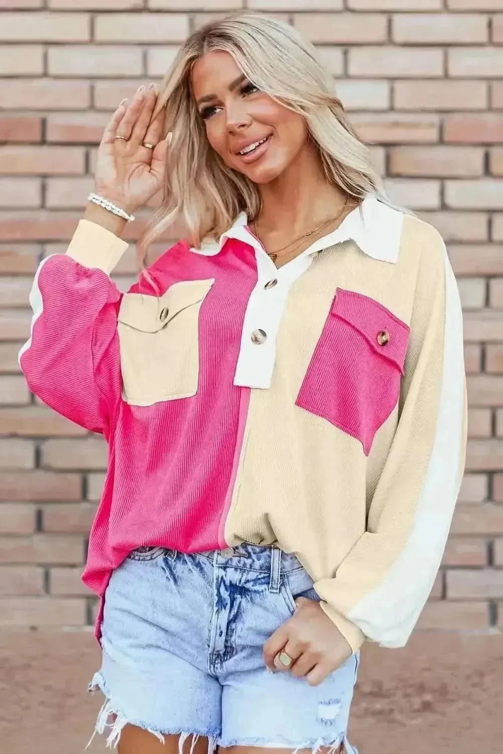 Pocketed Contrast Long Sleeve Sweatshirt - Bad Moms Club