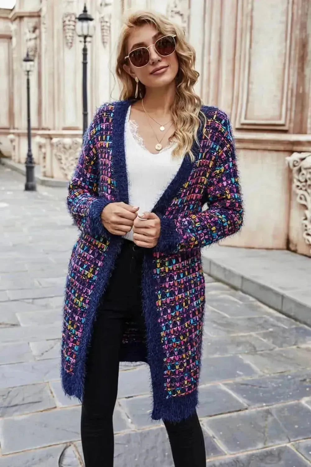 Multicolored Ribbed Trim Open Front Cardigan with Pockets - Bad Moms Club