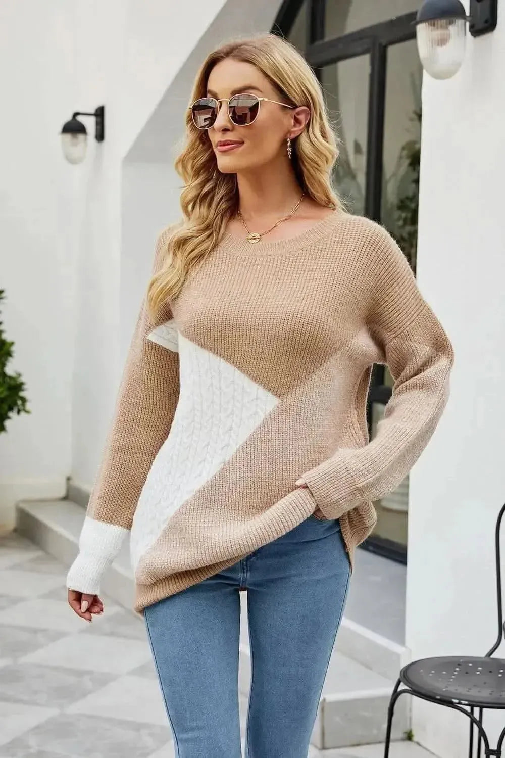 Color Block Round Neck Sweater - Bad Moms Club