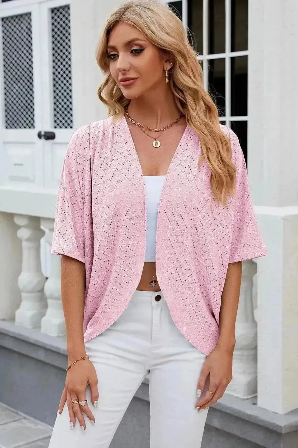 Eyelet Open Front Half Sleeve Cardigan - Bad Moms Club