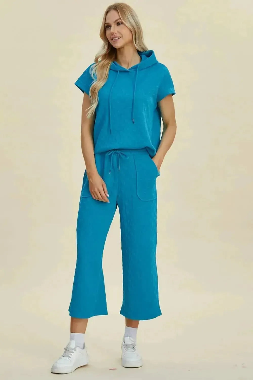 Double Take Full Size Texture Drawstring Short Sleeve Hoodie and Pocketed Pants Set - Bad Moms Club