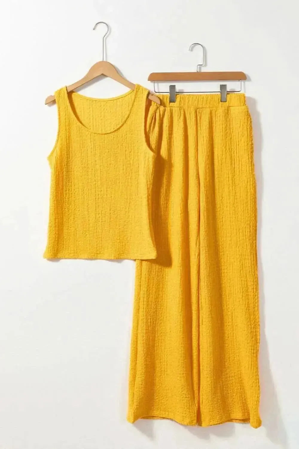 Textured Round Neck Top and Wide Leg Pants Set - Bad Moms Club