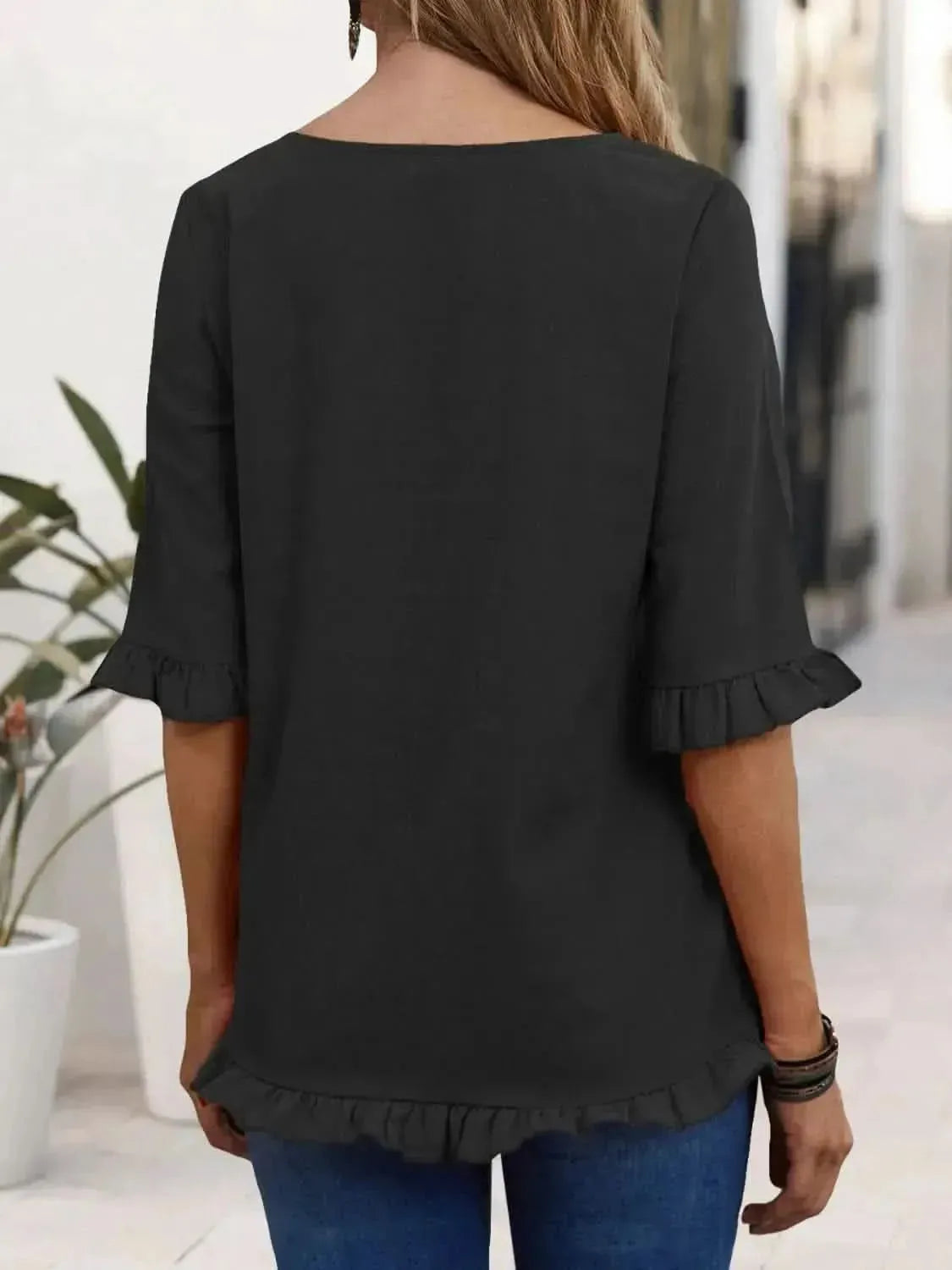 Ruffled Round Neck Half Sleeve Blouse - Bad Moms Club