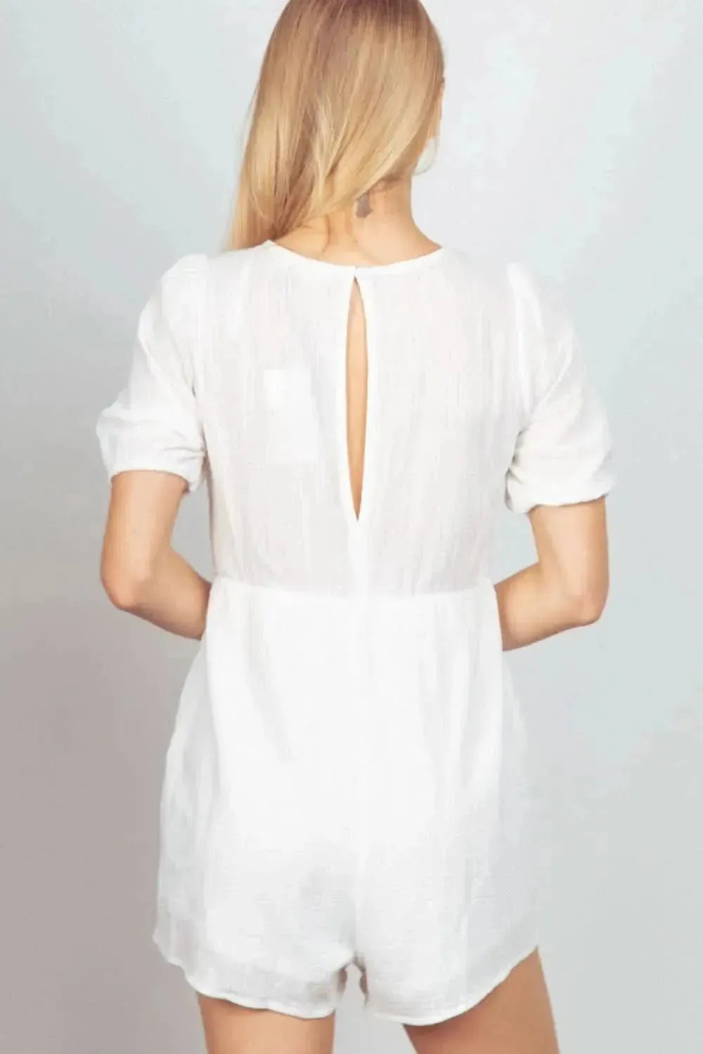 VERY J Lace Detail Puff Sleeve Romper with Pockets - Bad Moms Club