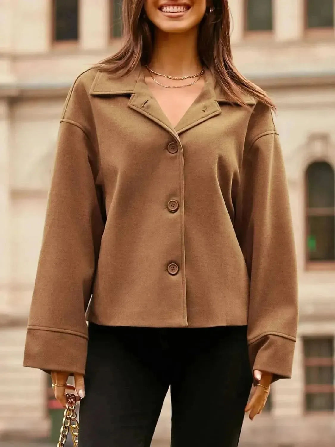 Collared Neck Dropped Shoulder Jacket - Bad Moms Club