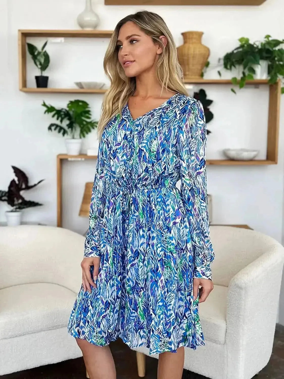 Double Take Full Size Printed Drawstring Waist Long Sleeve Dress - Bad Moms Club