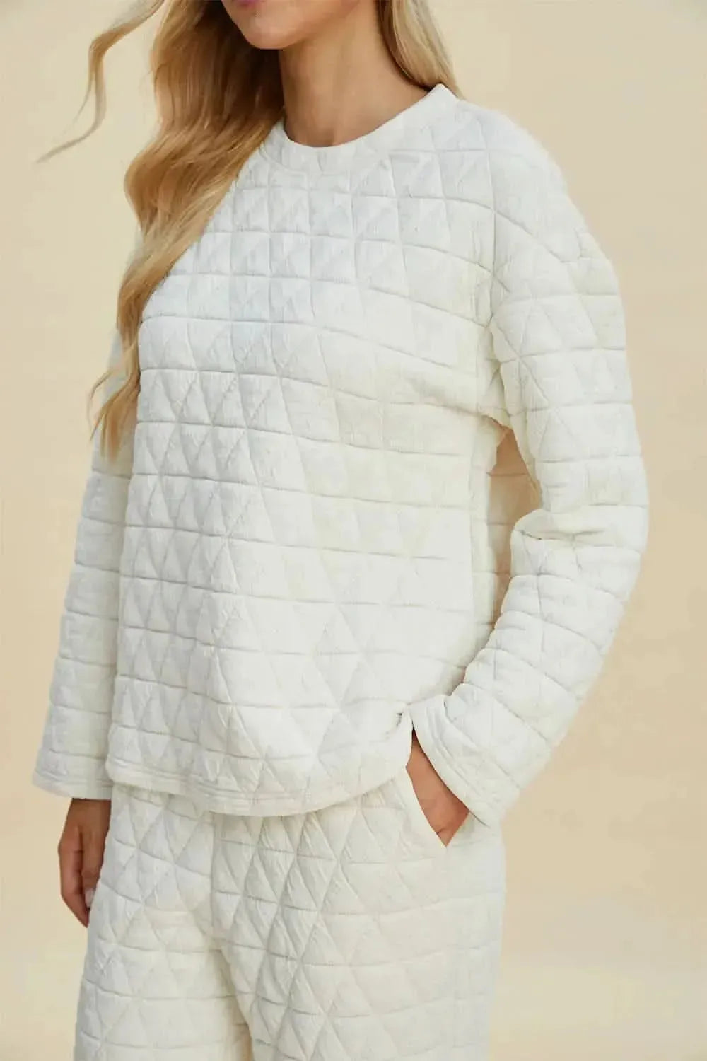 Double Take Full Size Texture Round Neck Long Sleeve Top and Pants Set - Bad Moms Club