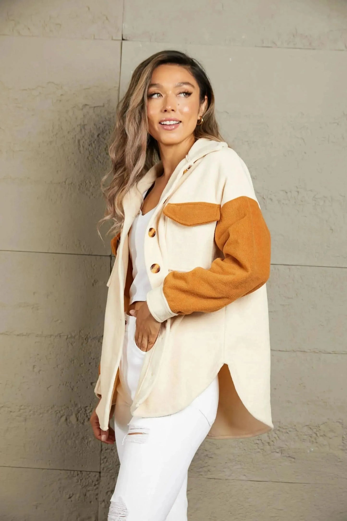Contrast Button-Up Fleece Jacket - Bad Moms Club